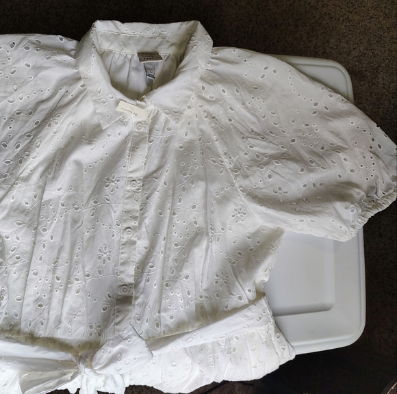 button-tie front eyelet flared dress, cotton raglan Puff sleeves, size L. - Picture 6 of 16